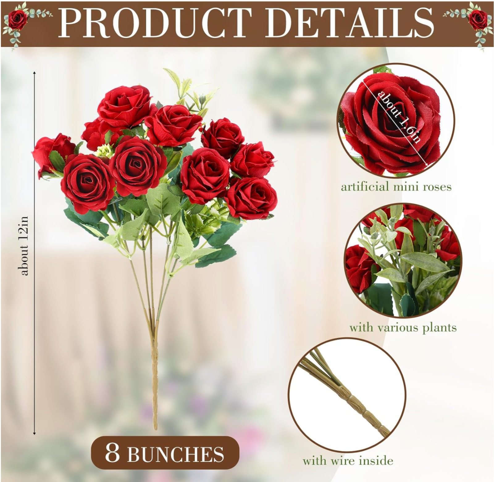 8 Pack 12 Inch Mini Red Roses Artificial Flowers Bouquets