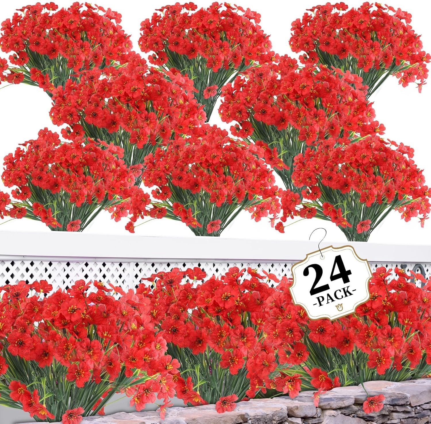 Elegant 24 Set Red Artificial Flower Bundles for Indoor/Outdoor Decorating Bliss