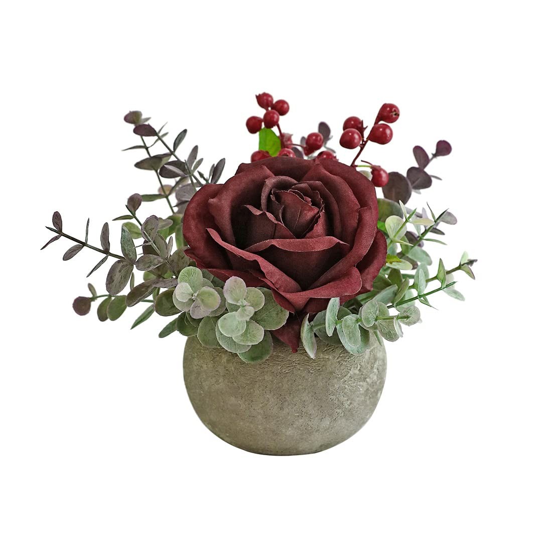 Small Artificial Burgundy Rose Potted Plant, 6″ Fake Silk Flowers in 3.5″ Rou…