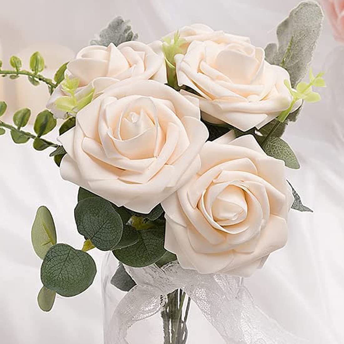 Artificial Flowers Champagne Roses W/Stem, Rustic Farmhouse Decor for Home We…