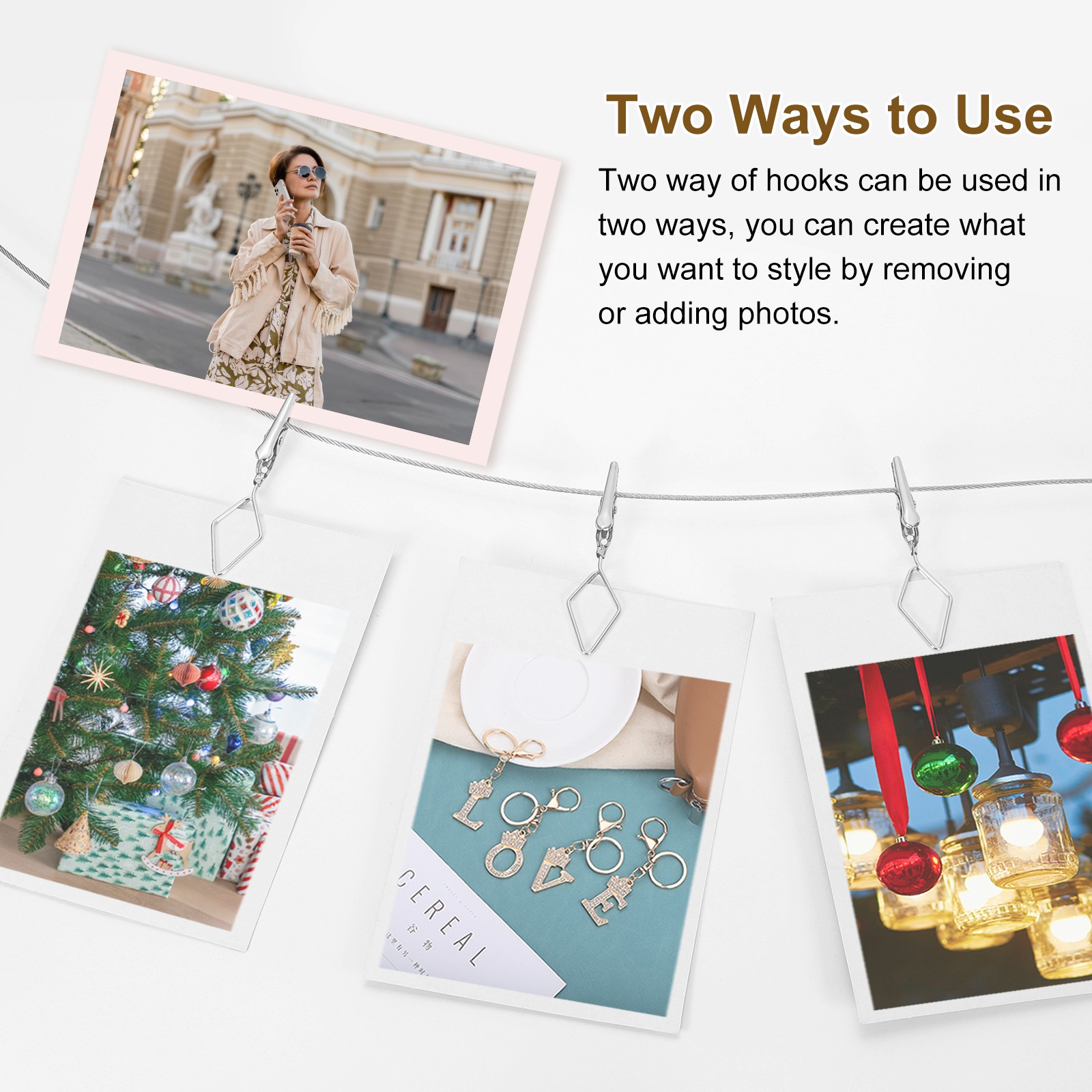 2pcs Wall Hanging Photo Display Cable Wire Rod with 20 Rhombus Clips, Silver,5Ft
