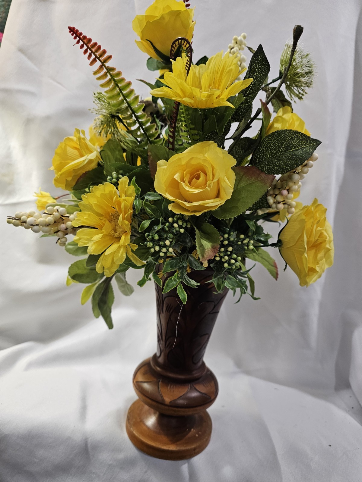 Beautiful Yellow Rose Floral Arrangement in unique handcarved Vase 22″ H x14″ W