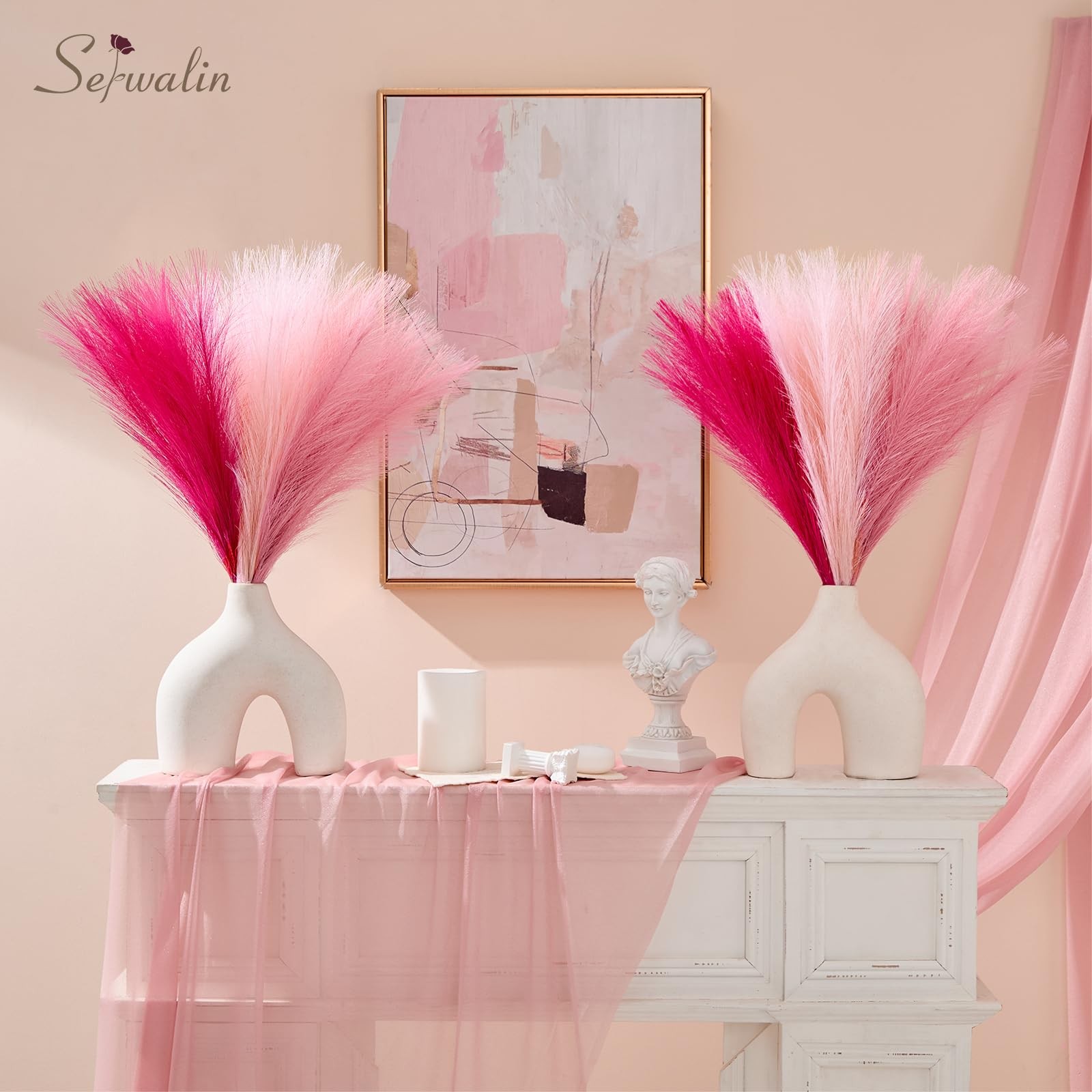 60Pcs Hot Pink & Blush & Pink Pampas Grass Decor, 17.7” Faux Pampas Grass, A…