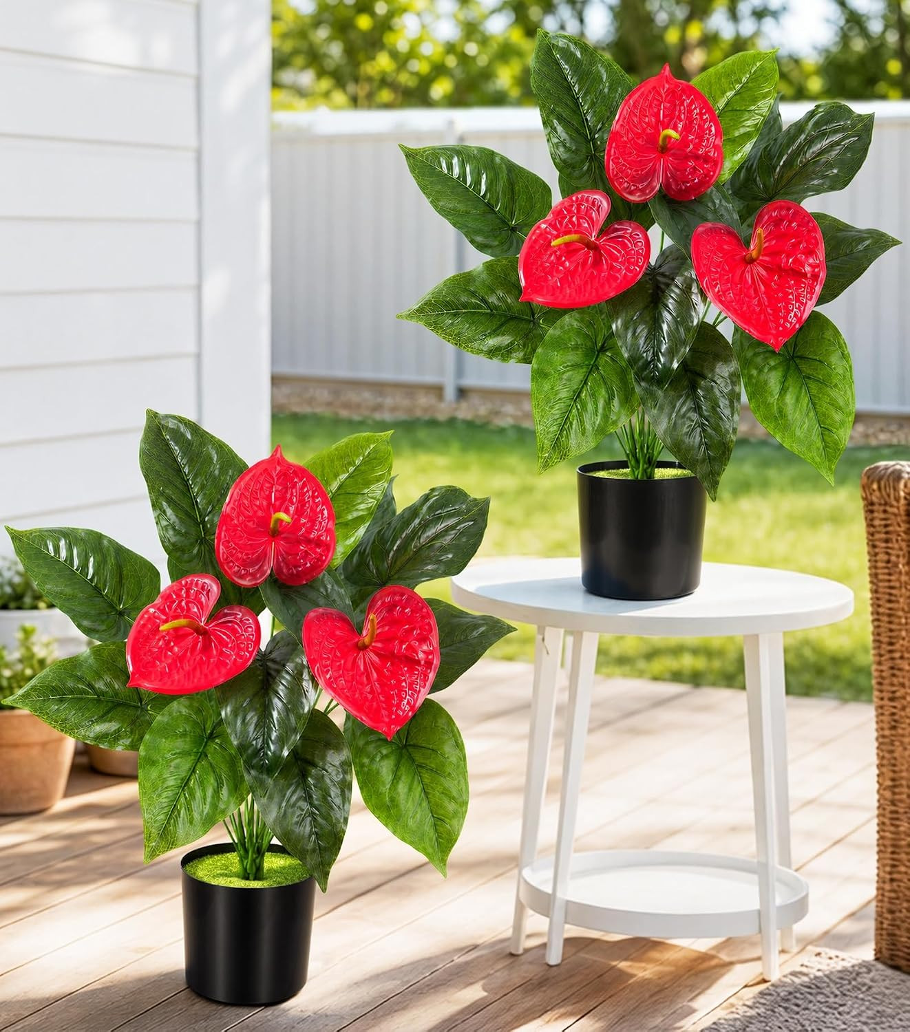2 Pack Anthurium Artificial Flowers Plants with Pots for Indoor Outdoor Decorati