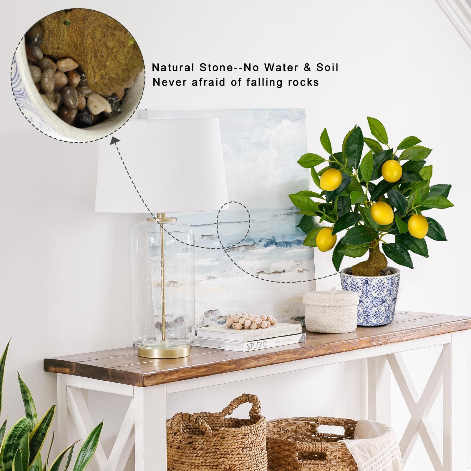 Artificial Small Fake Lemon Citrus Tree With Blue & White Pot Fits 15.7 Inch