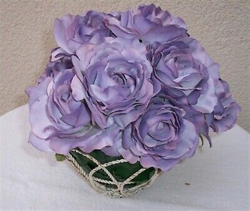 Dozen roses dusky purple lavender silk fabric plant flowers basket shabby chic