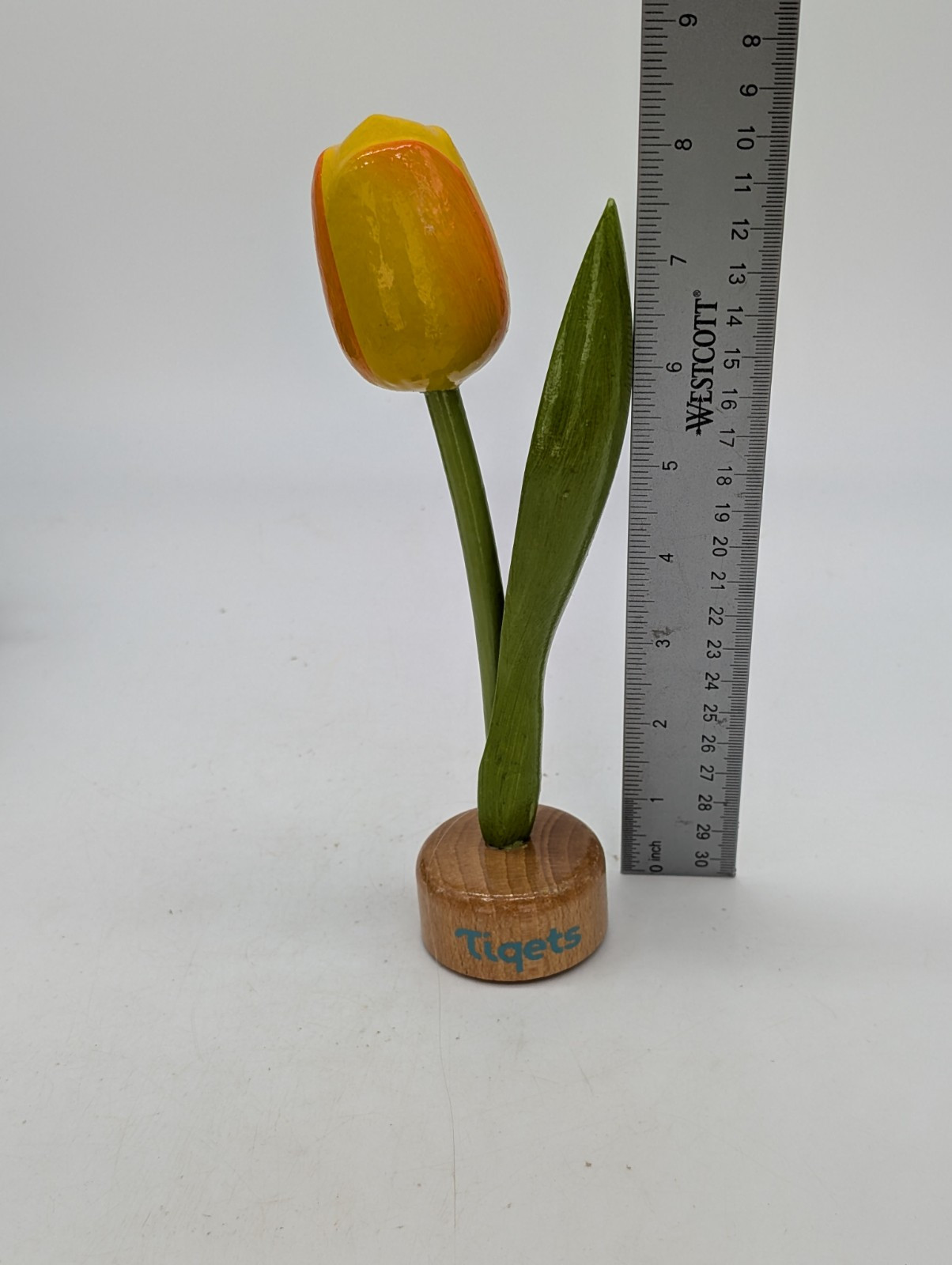 Hand Carved and Painted Wooden Flower Tulip Yellow Tiqets Holland Dutch In Base