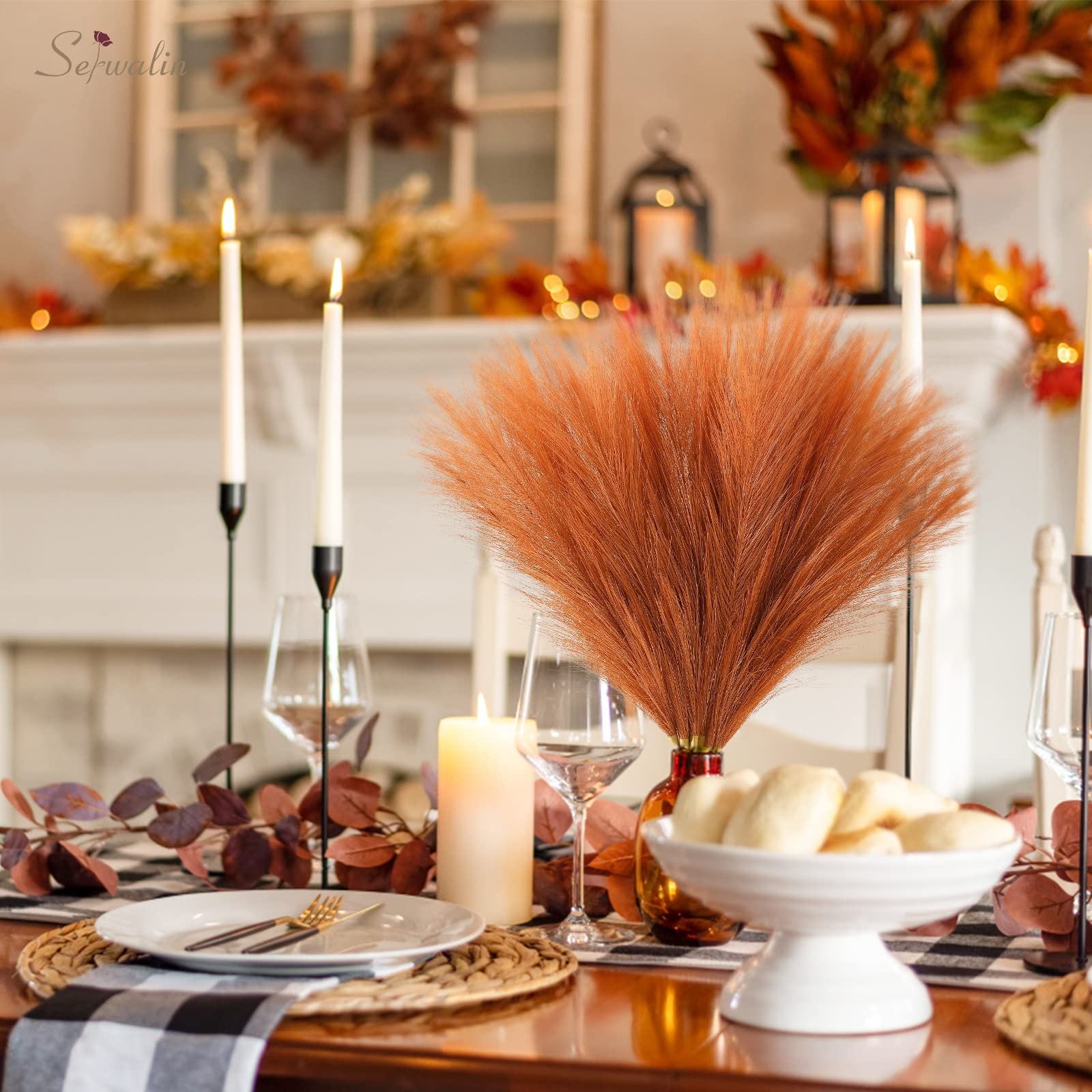 Pampas Grass Decor 17.7 Inch 6 Pcs Orange Pampas Grass, Faux Burnt Orange Pam…