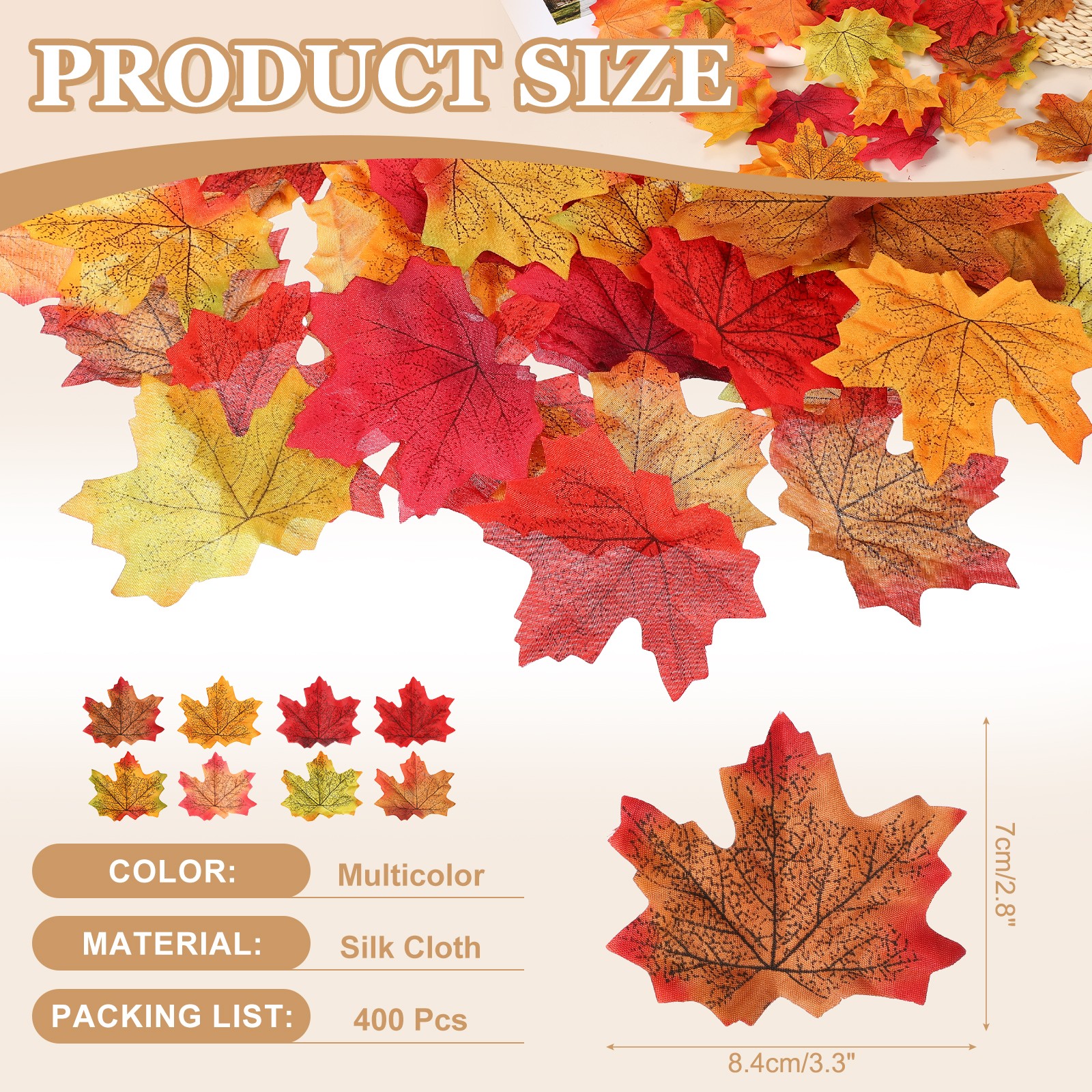 400Pcs Fall Leaves 3.3 Inch Colored Mixed Fake Leaf, Dark Red and Yellow Series
