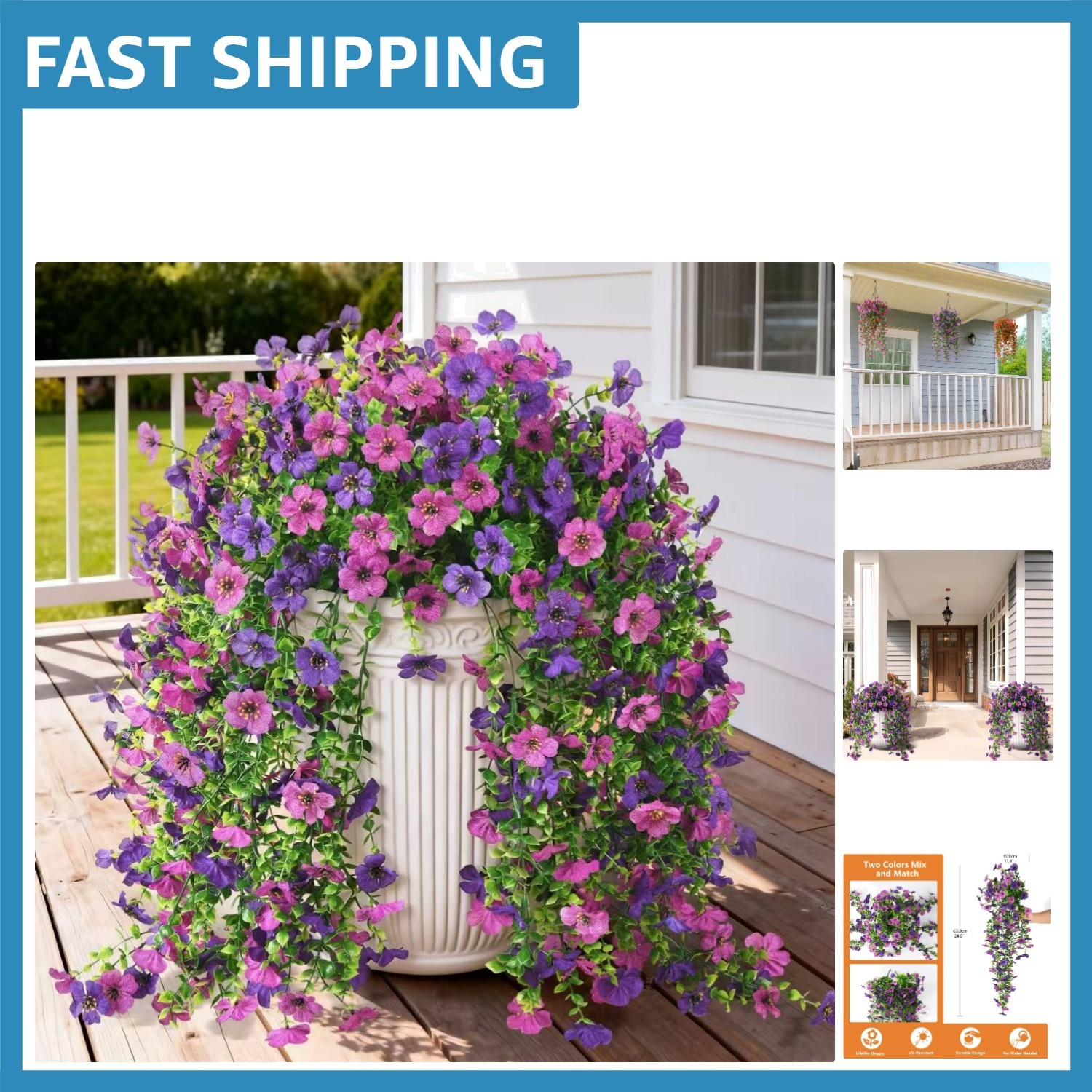 Versatile Faux Hanging Plants for Indoor/Outdoor Use – Set of 2, Double Purple