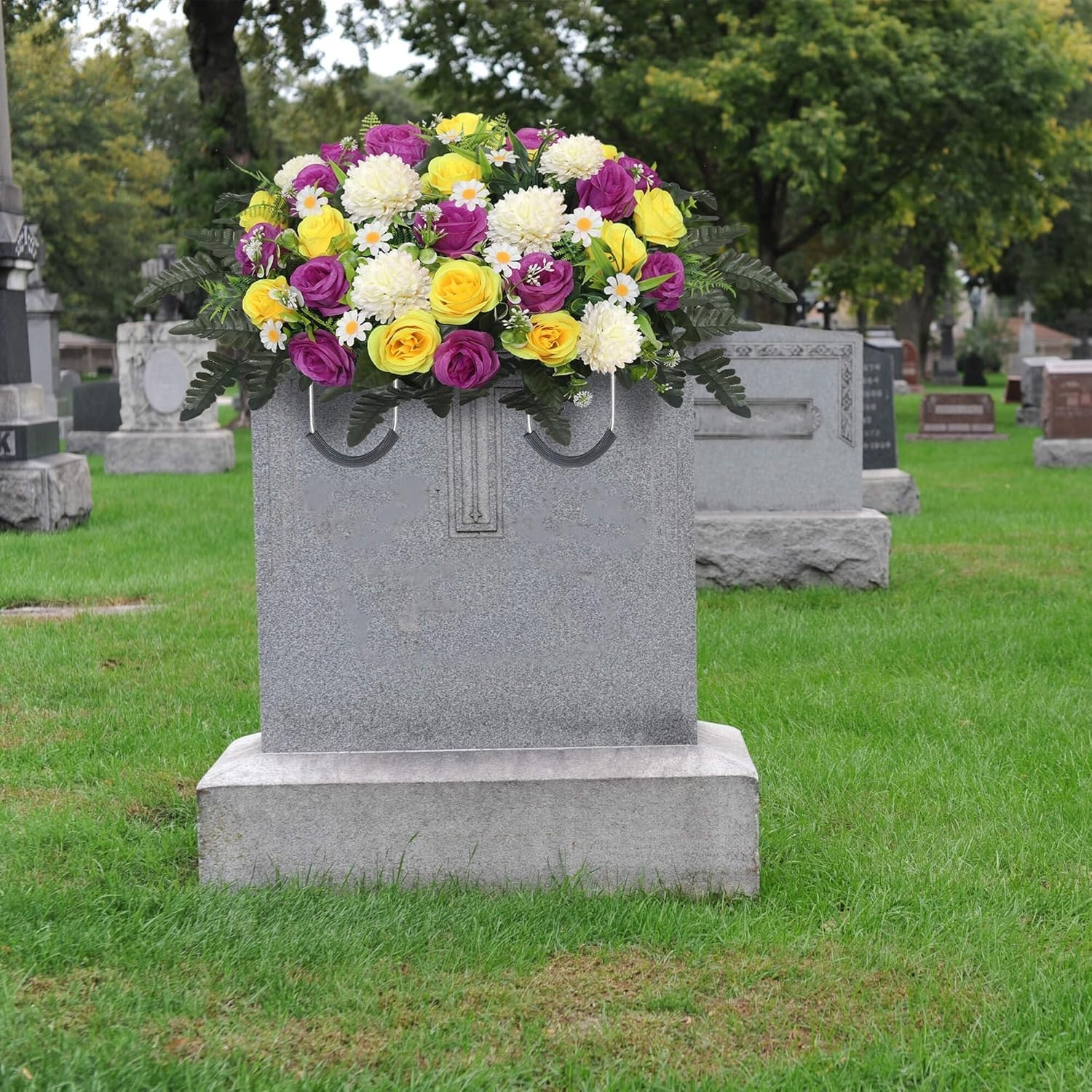 Headstone Flower Saddle,Large Artificial Cemetery Flowers for Grave Roses & C…