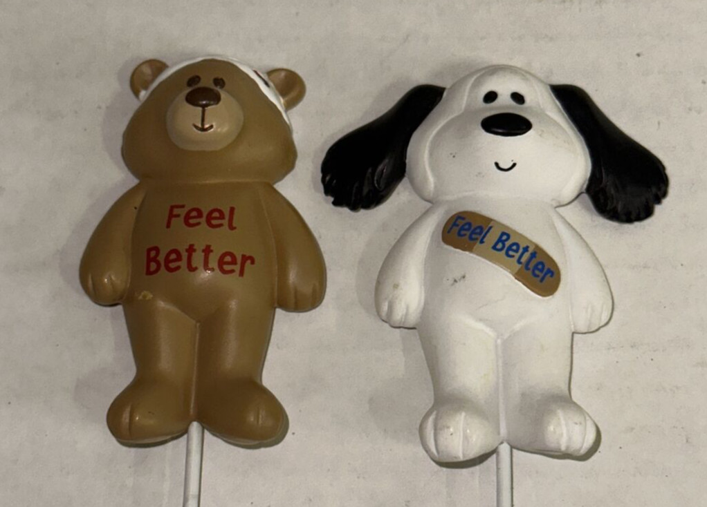 Lot x4 Get Well Soon Feel Better Gund Ceramic Floral Picks Dog Bear Frog 11″ Set