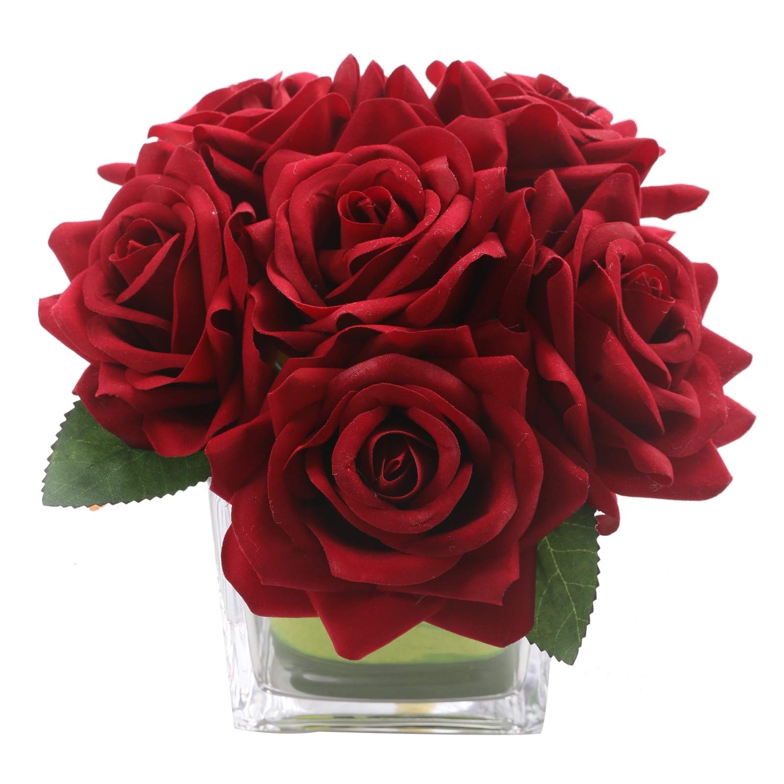 Artificial Velvet Rose Flower Centerpiece Burgundy Arrangement in Vase