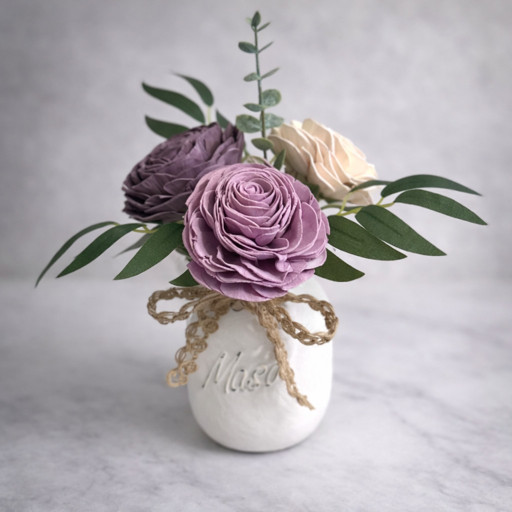 Sola Wood Flower Centerpiece Purple Ivory Rose Mason Jar Arrangement Home Decor