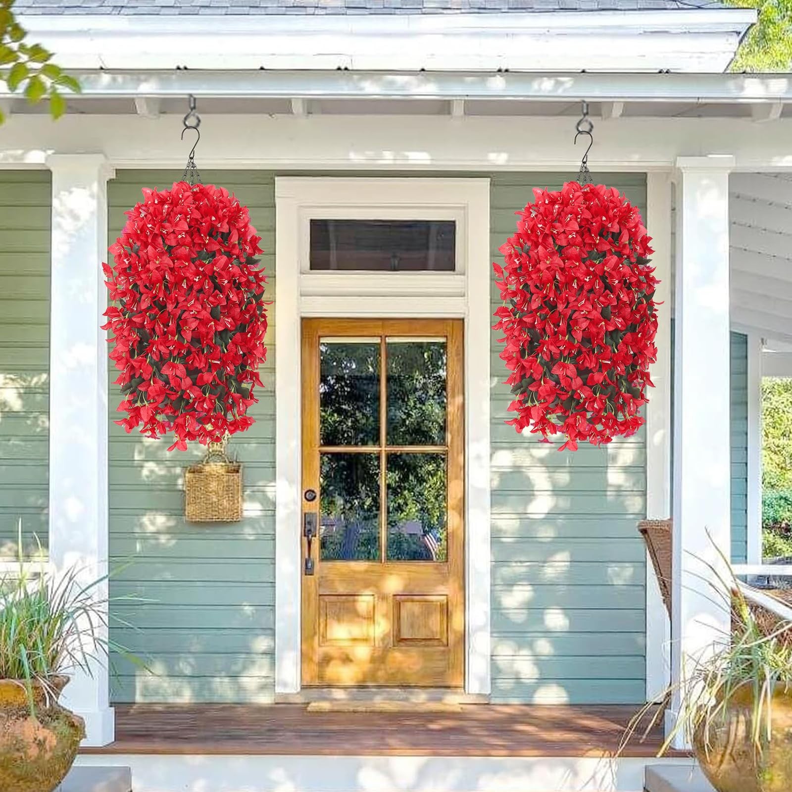 UXORSN 2PCS Faux Bougainvillea UV Resistant 12.3″D x 4″W x 3.3″H, Red