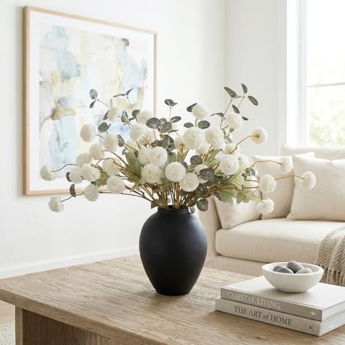 Faux Kiku Flowers for Vase – 10 Long Stem Artificial Flowers with White