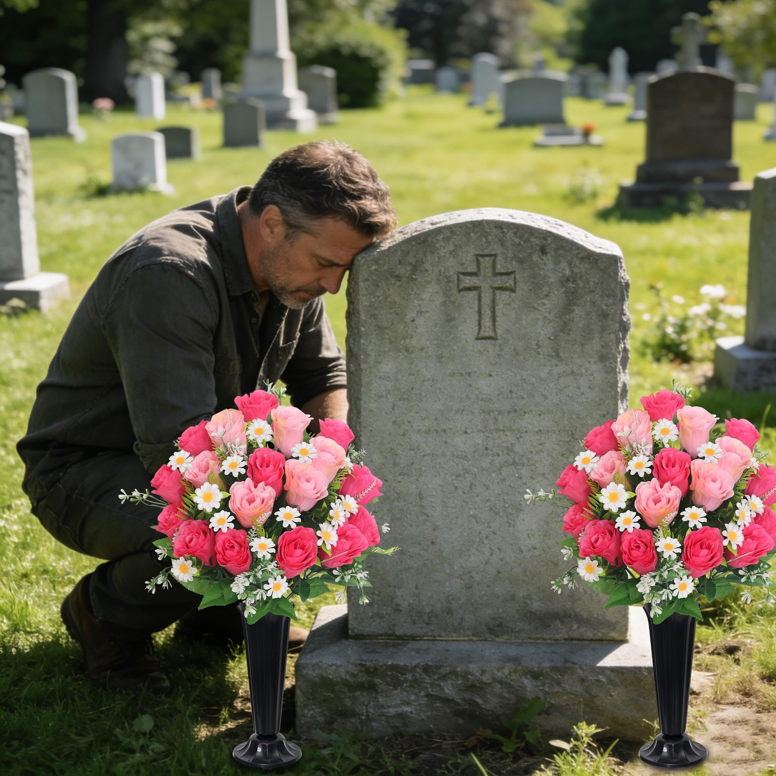 Artificial Cemetery Flowers for Grave Memorial Day Flowers for Cemetery,2Pack…