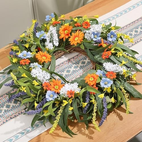 24″ Summer Floral Wreath with Artificial Daisies & Lavender – All Season Door De