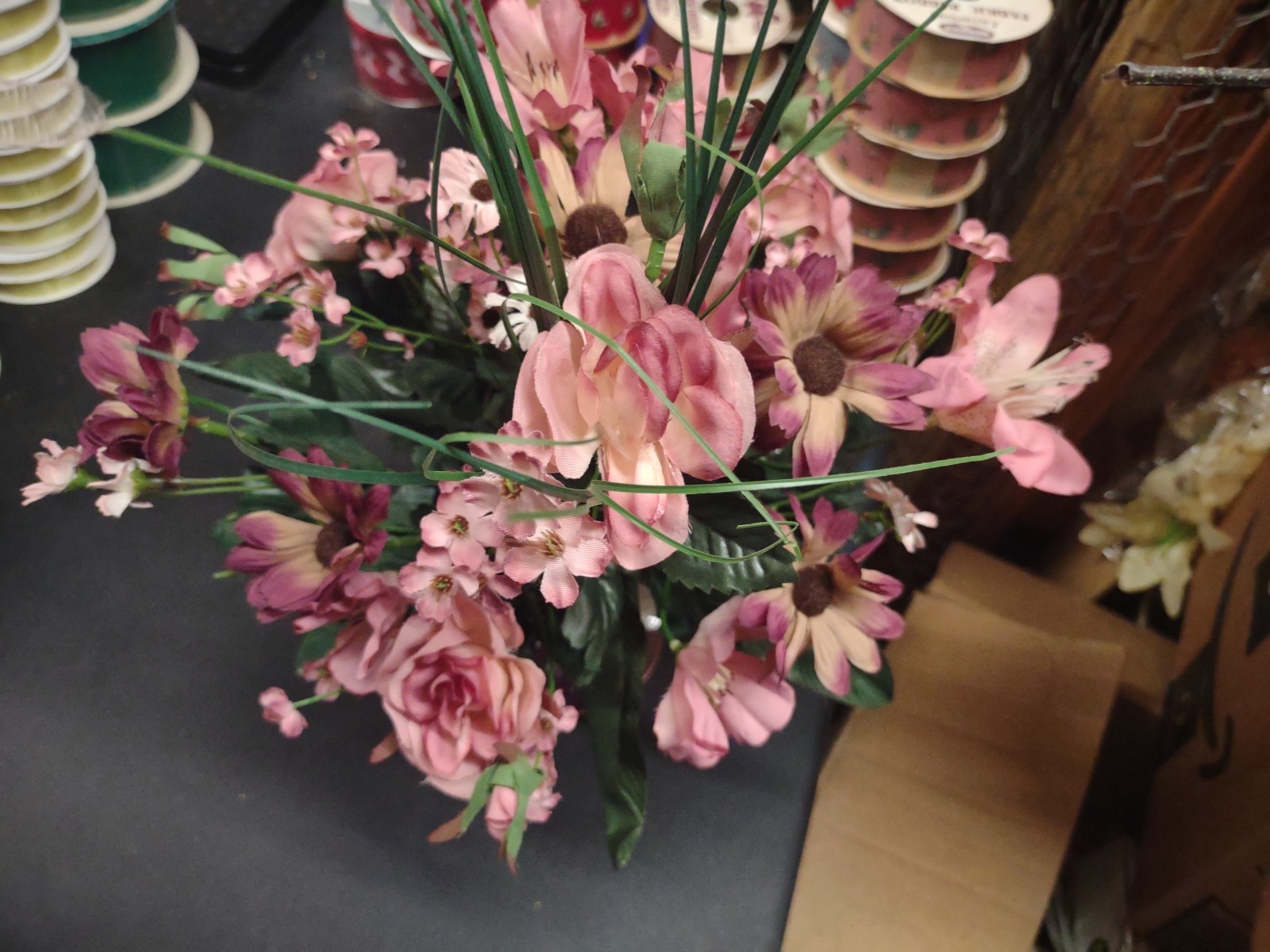 16″ Silk Floral Arrangement Bush, 14 Stems, Rose/Daisy/Tiger Lily, Mauve Flowers