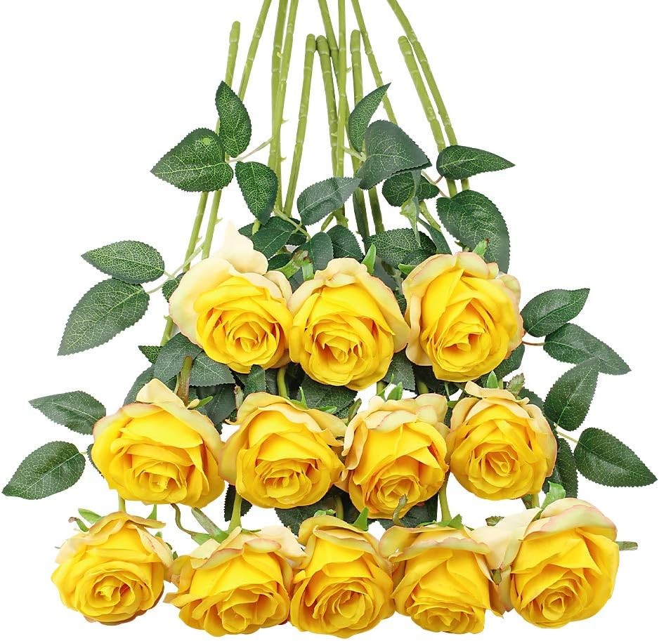 12 Pcs White Roses Long Stem, Artificial Silk Bouquet Wedding DIY