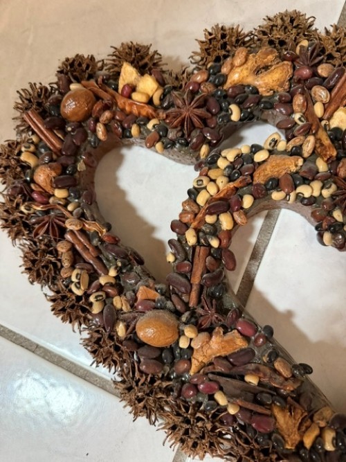 Double Heart made from dried Beans,Twigs and Seed Pods, 14″ x 10″