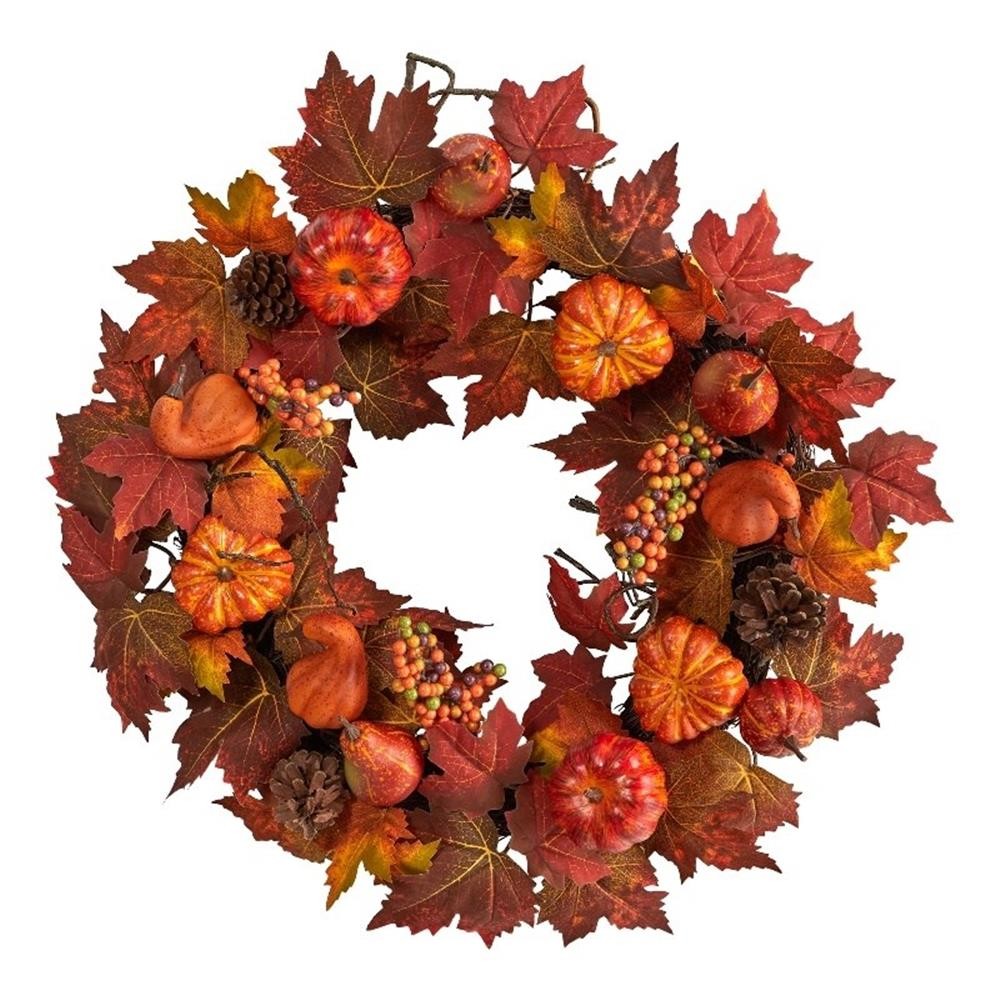 Nearly Natural 24″ Autumn Maple Leaves Pumpkin Pinecone & Berries Fall Wreath