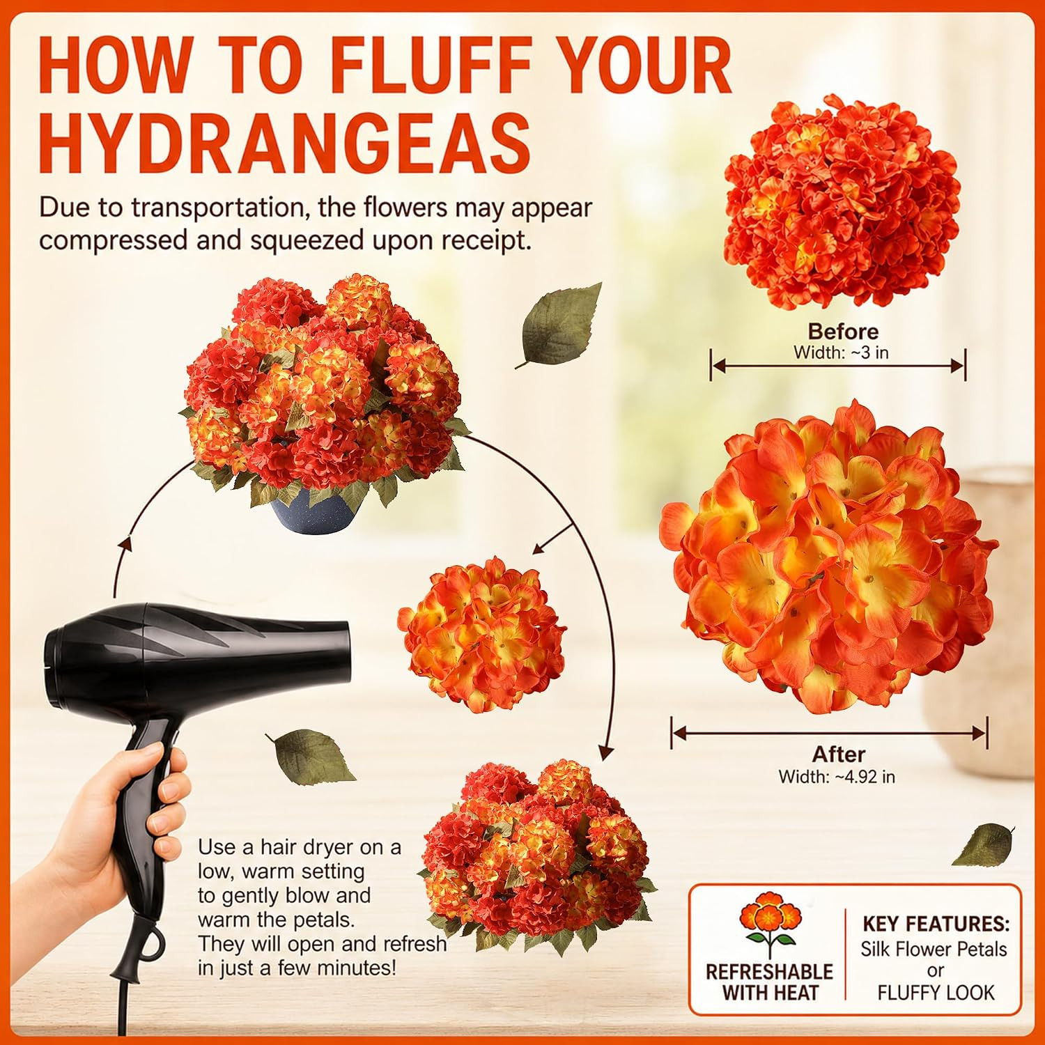 Artificial Flowers for Outdoors, 4 PCS Fall Fake Silk Hydrangea Flower Stems for