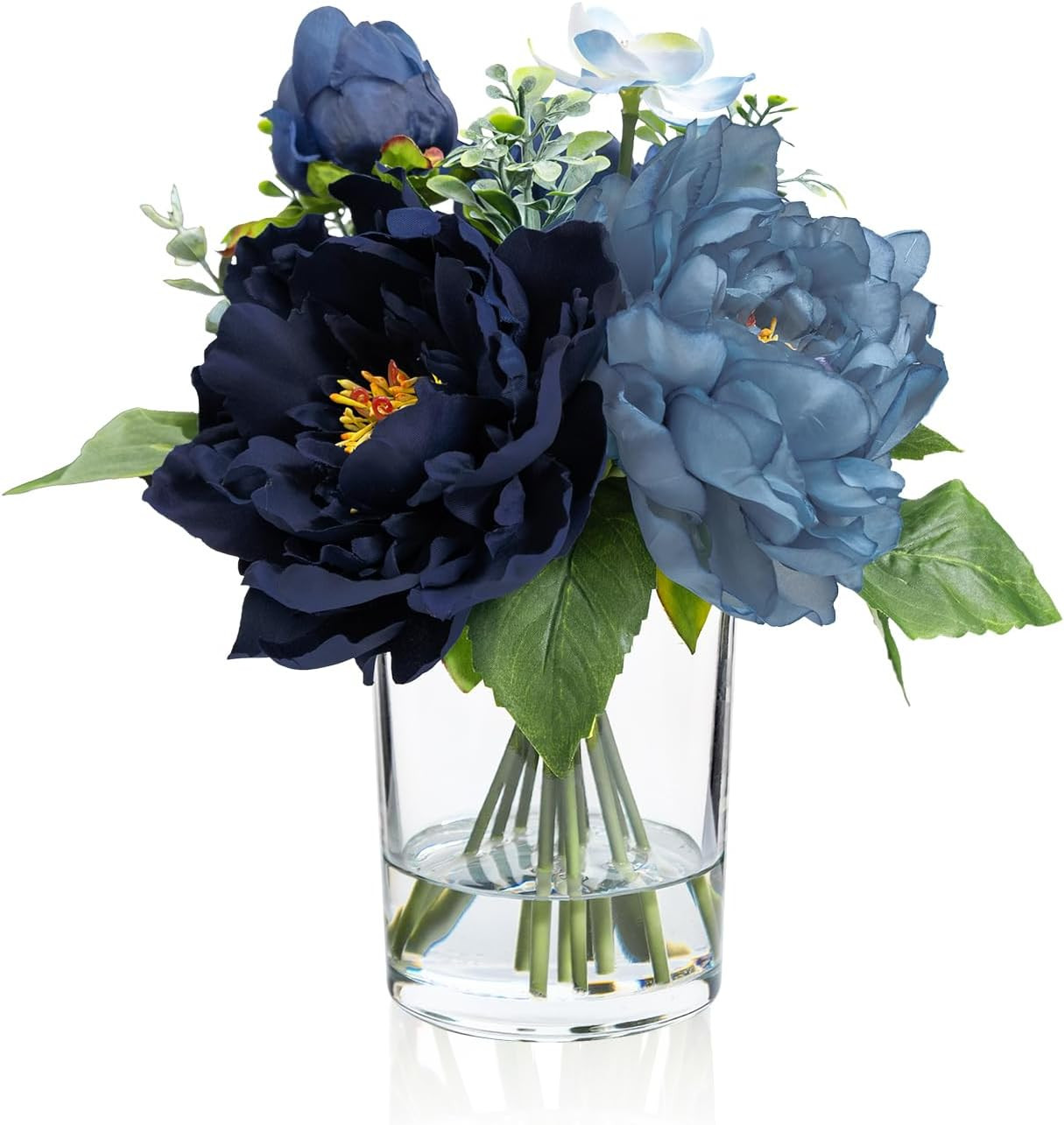 Silk Peony Flower Bouquet in Glass Vase with Fake Water – Navy & Light Blue