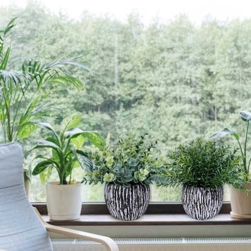 Set of 3 Artificial Potted Plants Faux Eucalyptus Rosemary Boxwood Greenery in B