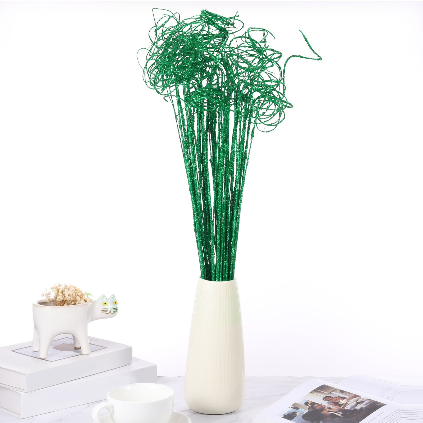 30 Pcs Glitter Dried Curly Willow Branches Natural Branches Twigs, Green
