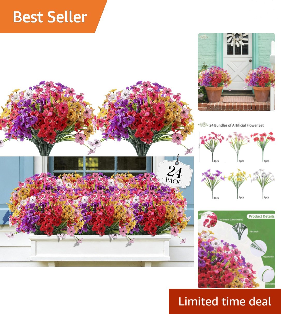 24 Bundles of UV-Resistant Artificial Flowers – Vibrant Outdoor & Indoor Decor