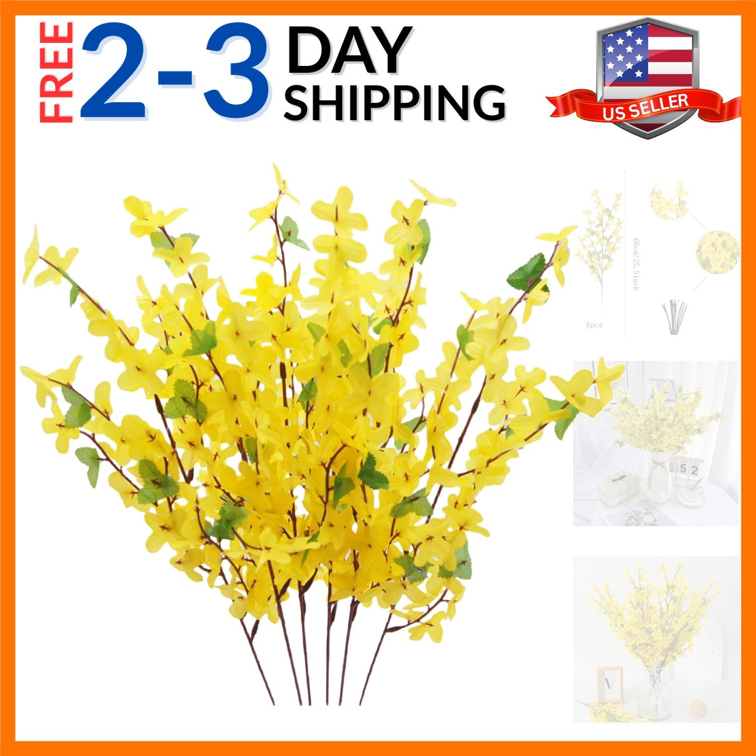 6Pcs Artificial Forsythia Flower Branches Spring Summer Yellow Silk Fake Wint…