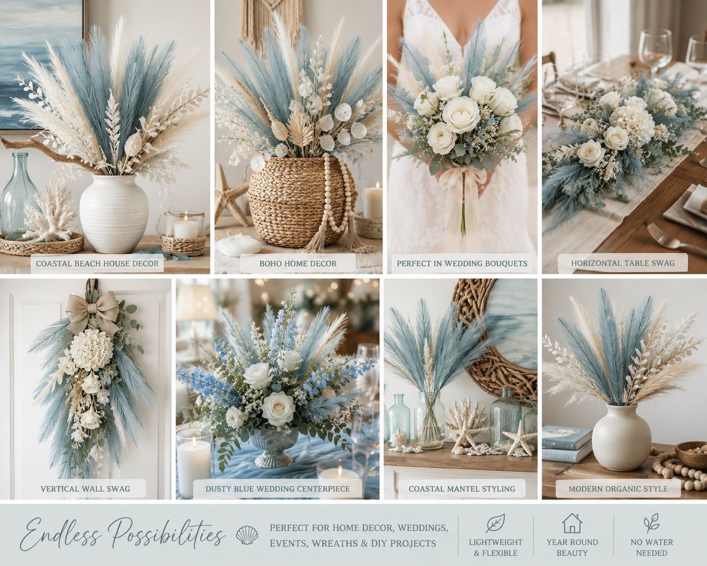 Smoky Teal Faux Pampas Grass Blue Pampas Stems Coastal Decor Boho Decor Wedding