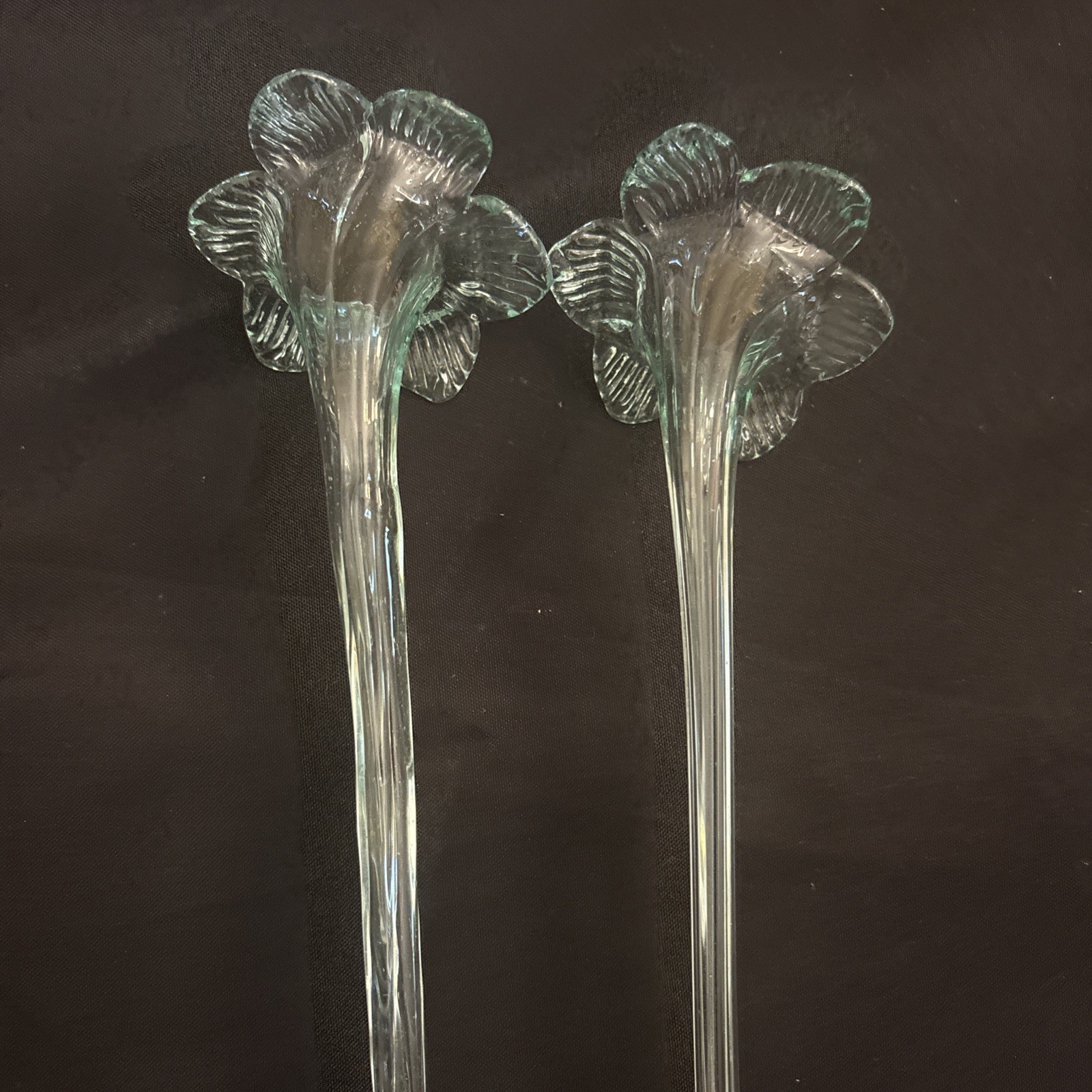 VTG: Blown Glass Clear Trumpet Lily Over 12” Long Stem Murano Style Art Flower