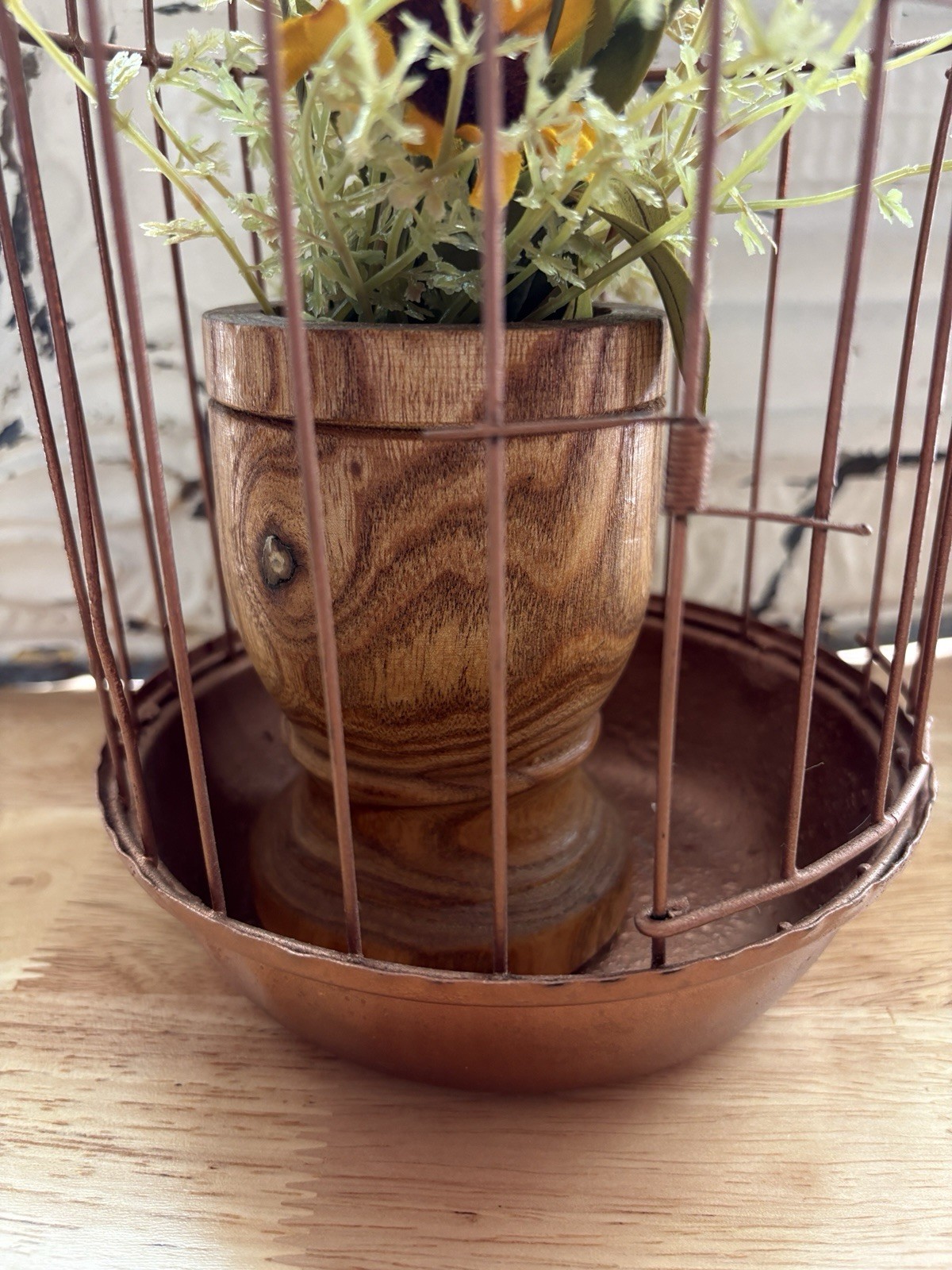 Decorative metal bird cage with wooden pedestal and faux florals #B5