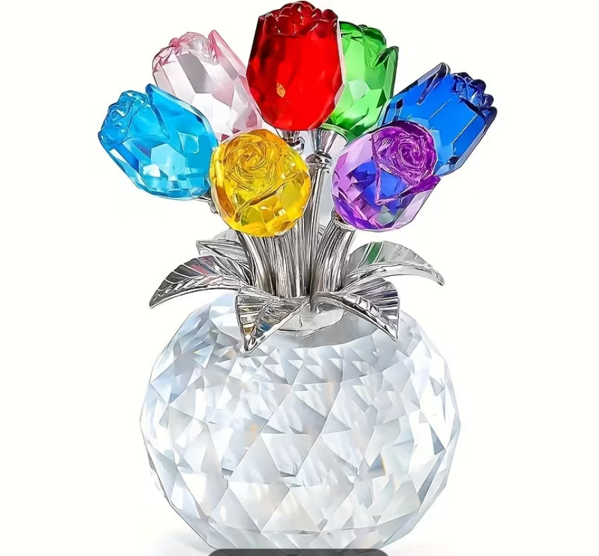 Rainbow Crystal Gemstone Rose Flower Colorful Bouquet Eternal Ornament Gift