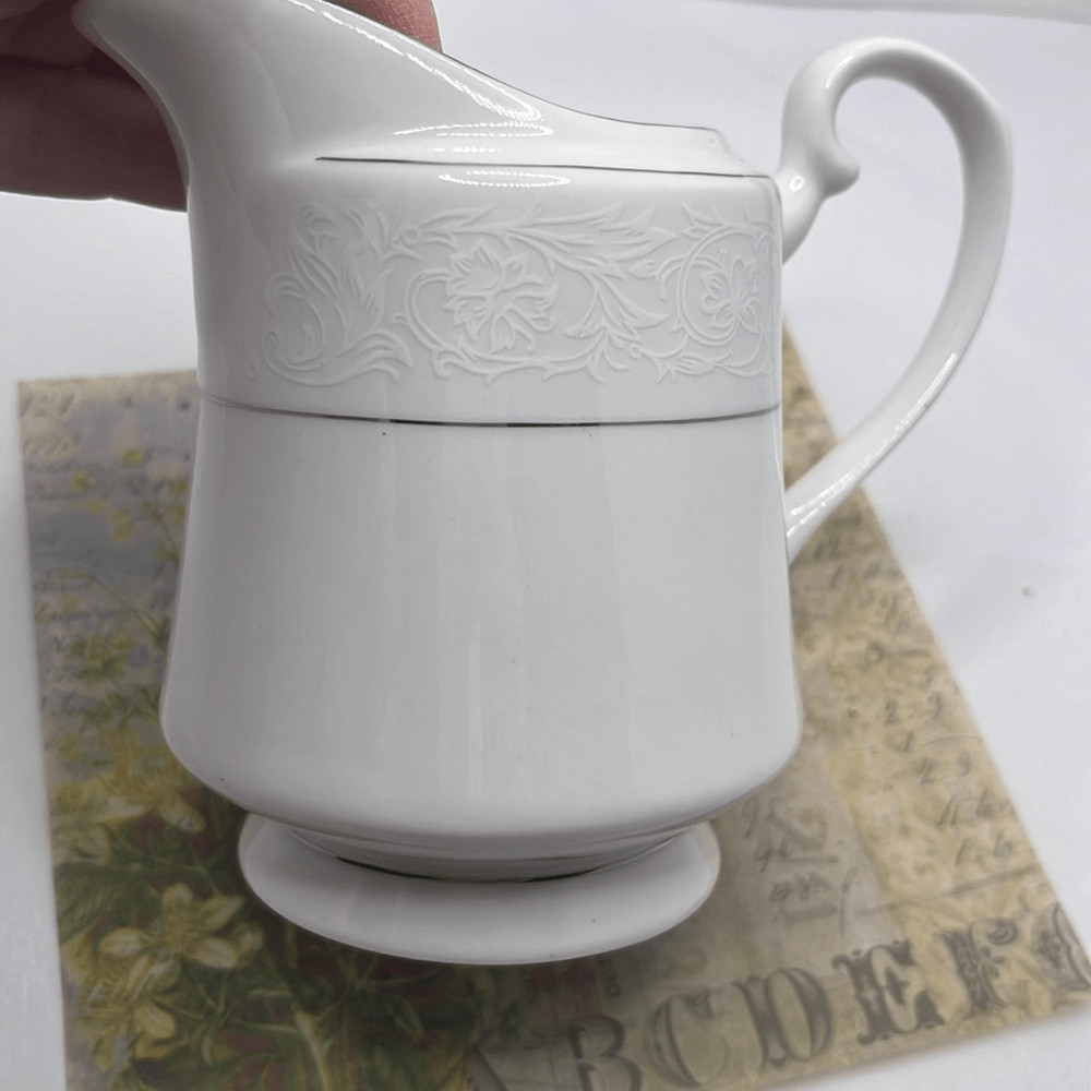 Farmhouse White Creamer Silver Horizontal Stripe Floral Accents Faux Flowers
