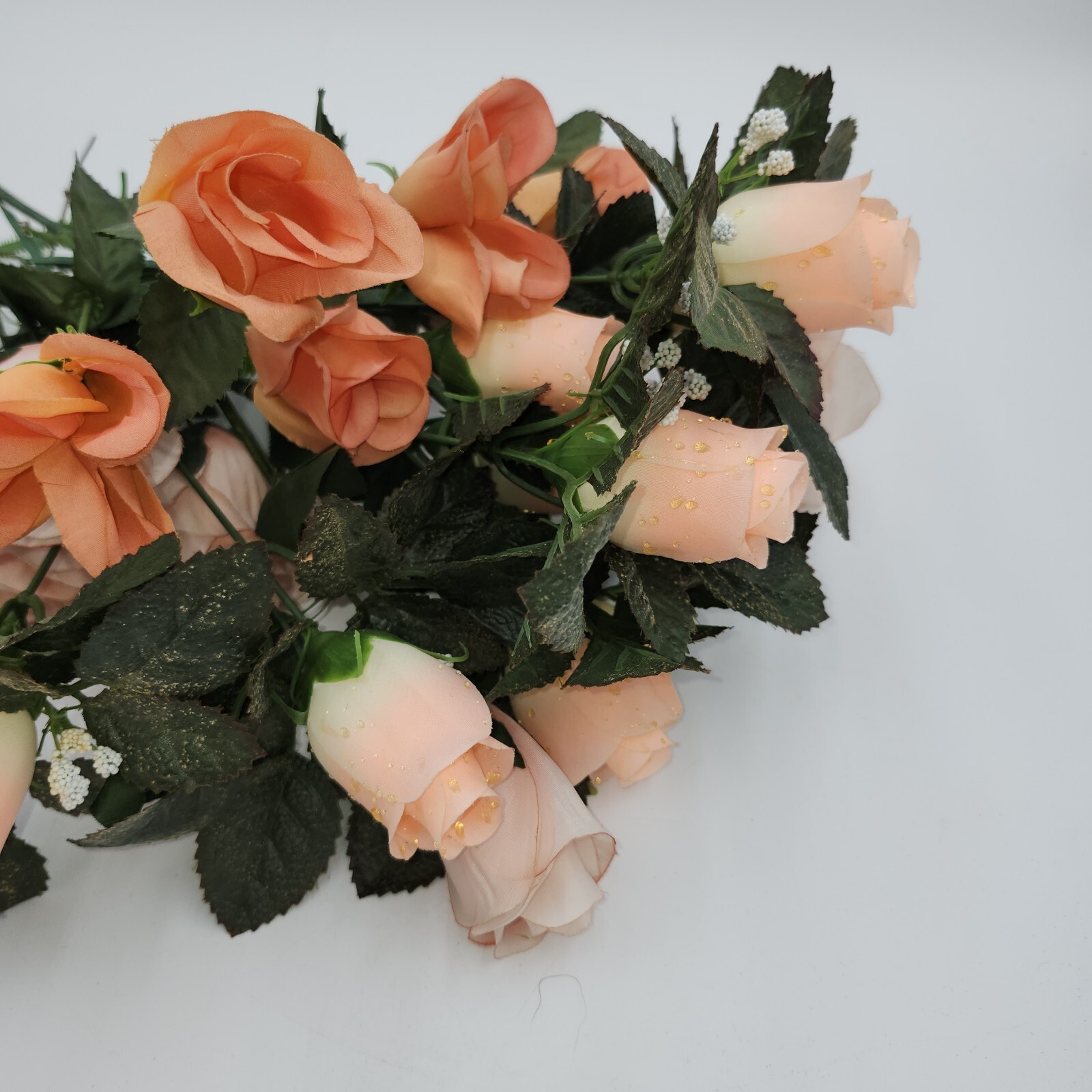 vintage faux fake artificial flowers peach roses w/raindrops 16″