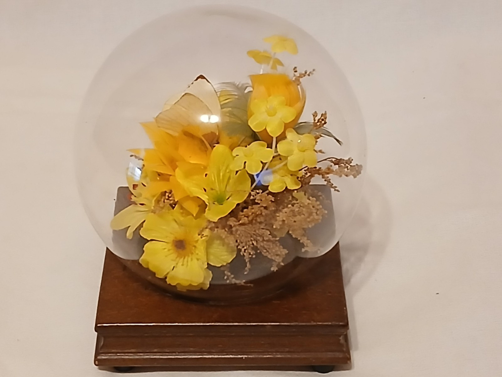 Vintage PENCO Glass Dome Terrarium w/ faux silk flowers & butterfly- 19″ around