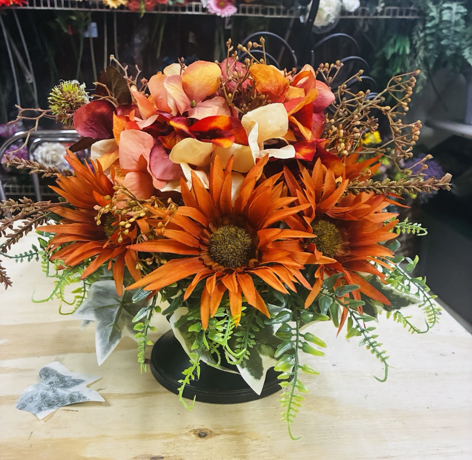 Artificial Sunflower Floral Arrangement & Centerpiece, Orange Yellow Green