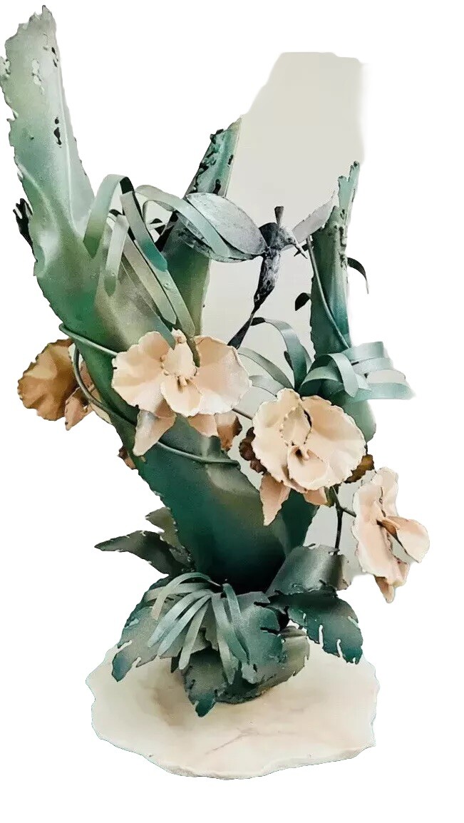 Unique Flower Arrangement Metal Orchids Marble Stand Handmade Hummingbird Signed
