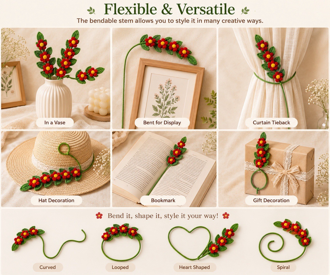 Handmade Crochet Red Flower Stem Forever Flower Home Decor Gift Faux Floral