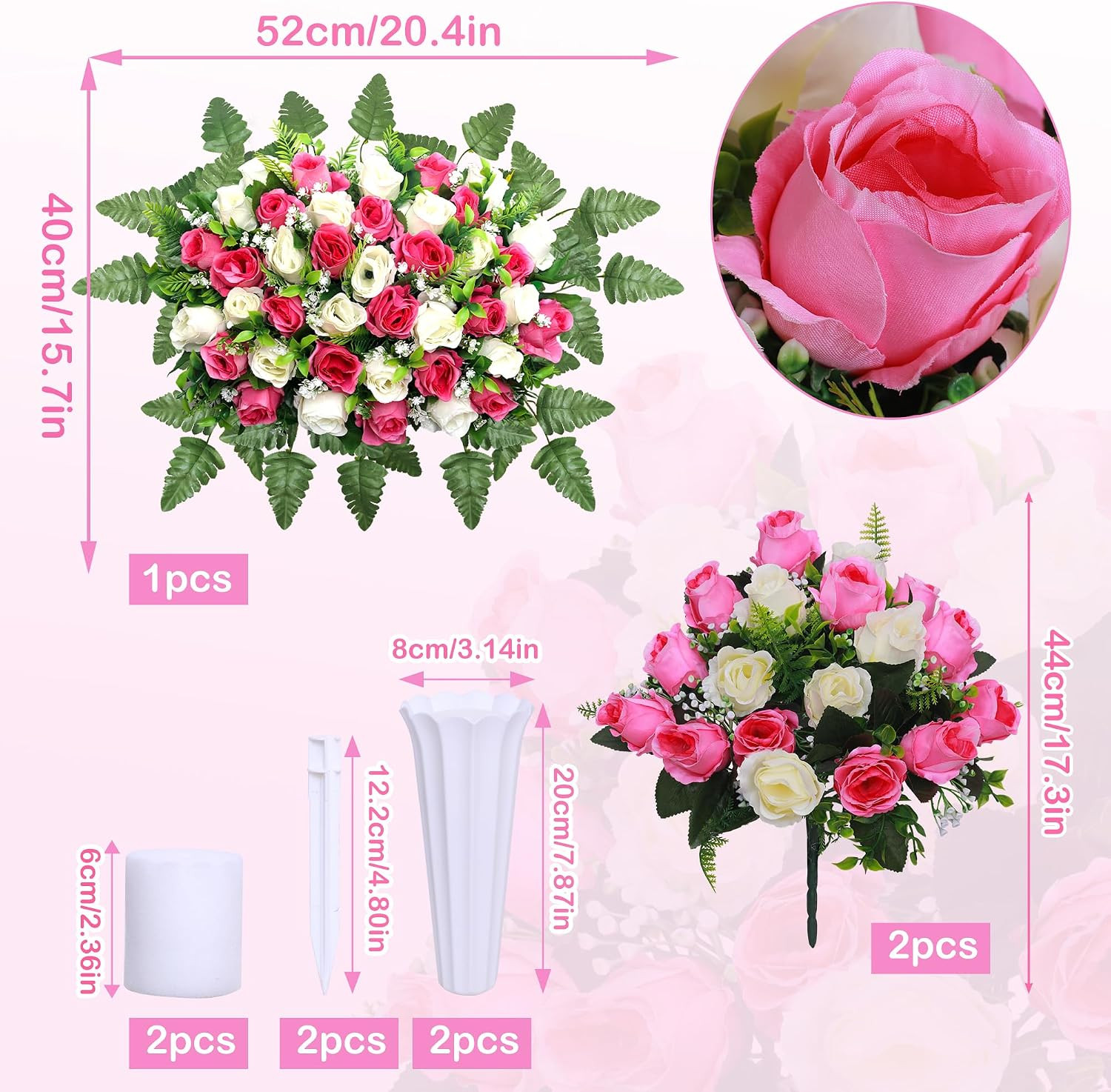 3 Pcs Artificial Cemetery Flower Saddles, Rose Headstone Flower Saddle,Cemetery