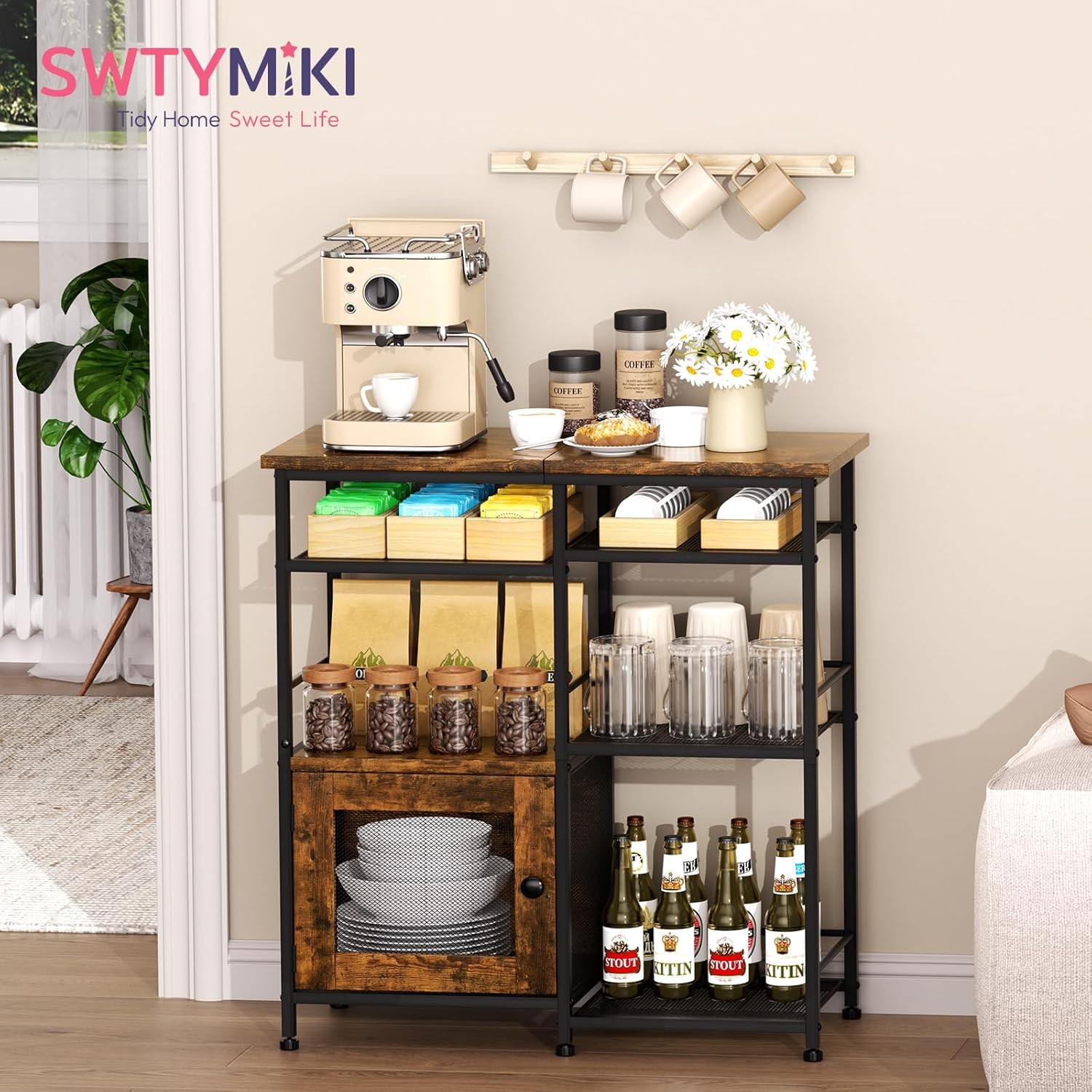 Coffee Bar Cabinet Station with Doors Rustic Kitchen Storage