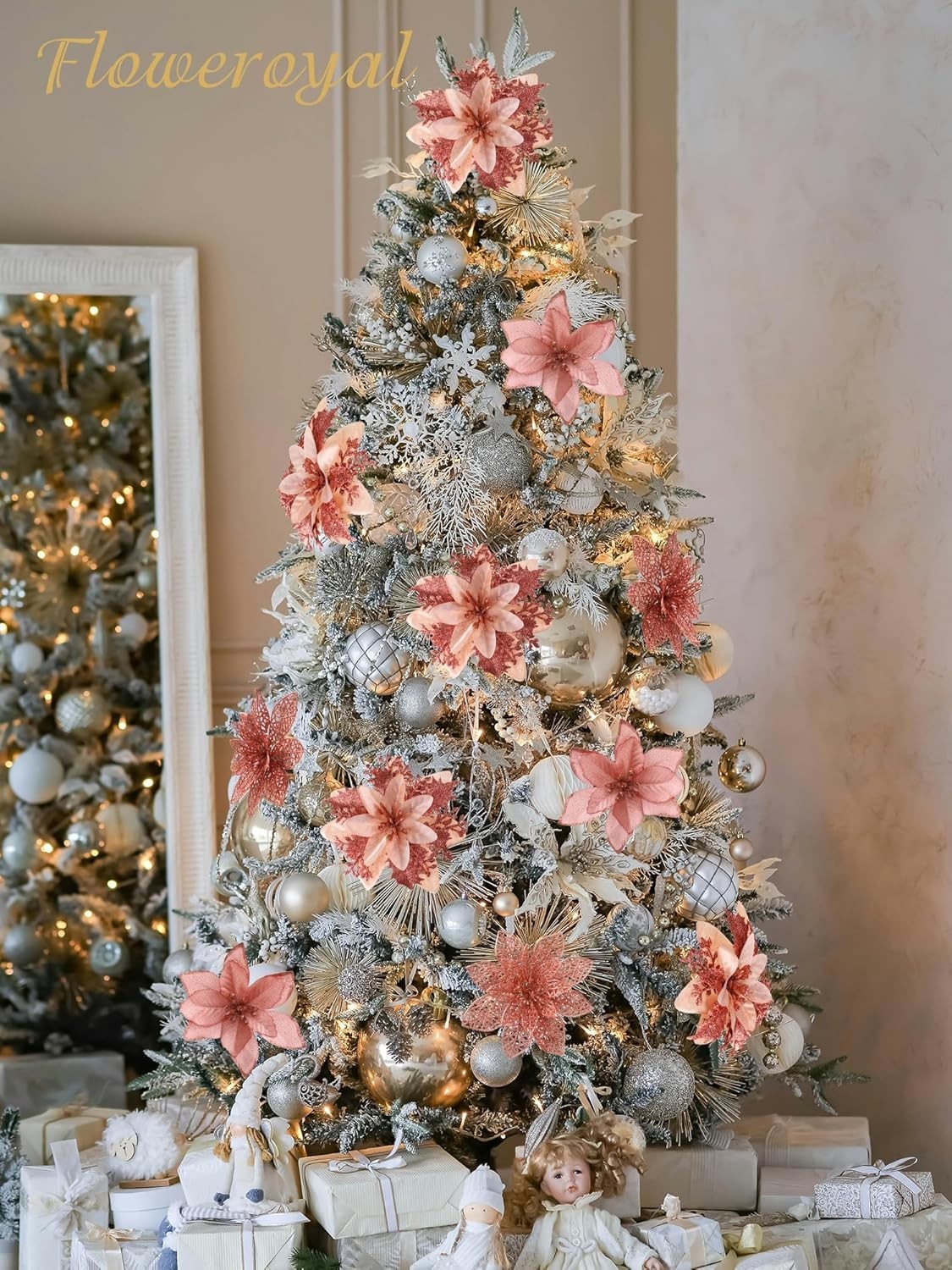 30pcs Poinsettia Artificial Christmas Flowers Decorations with Clips and Berr…