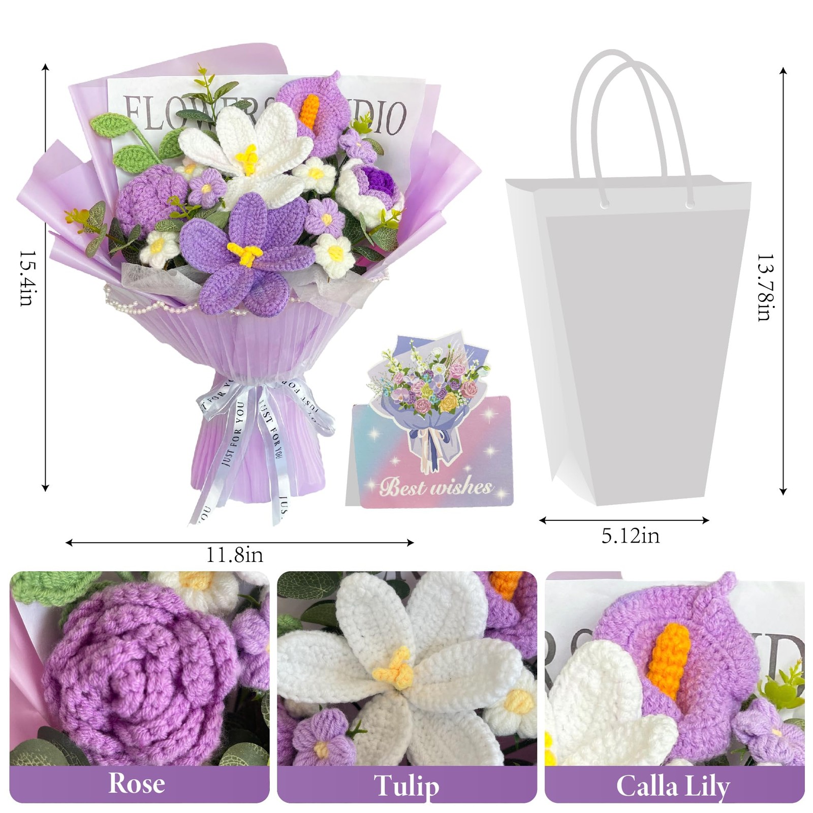 Crochet Flower Bouquet, Purple Handmade Knitted Flower, Crochet Rose Tulips Call