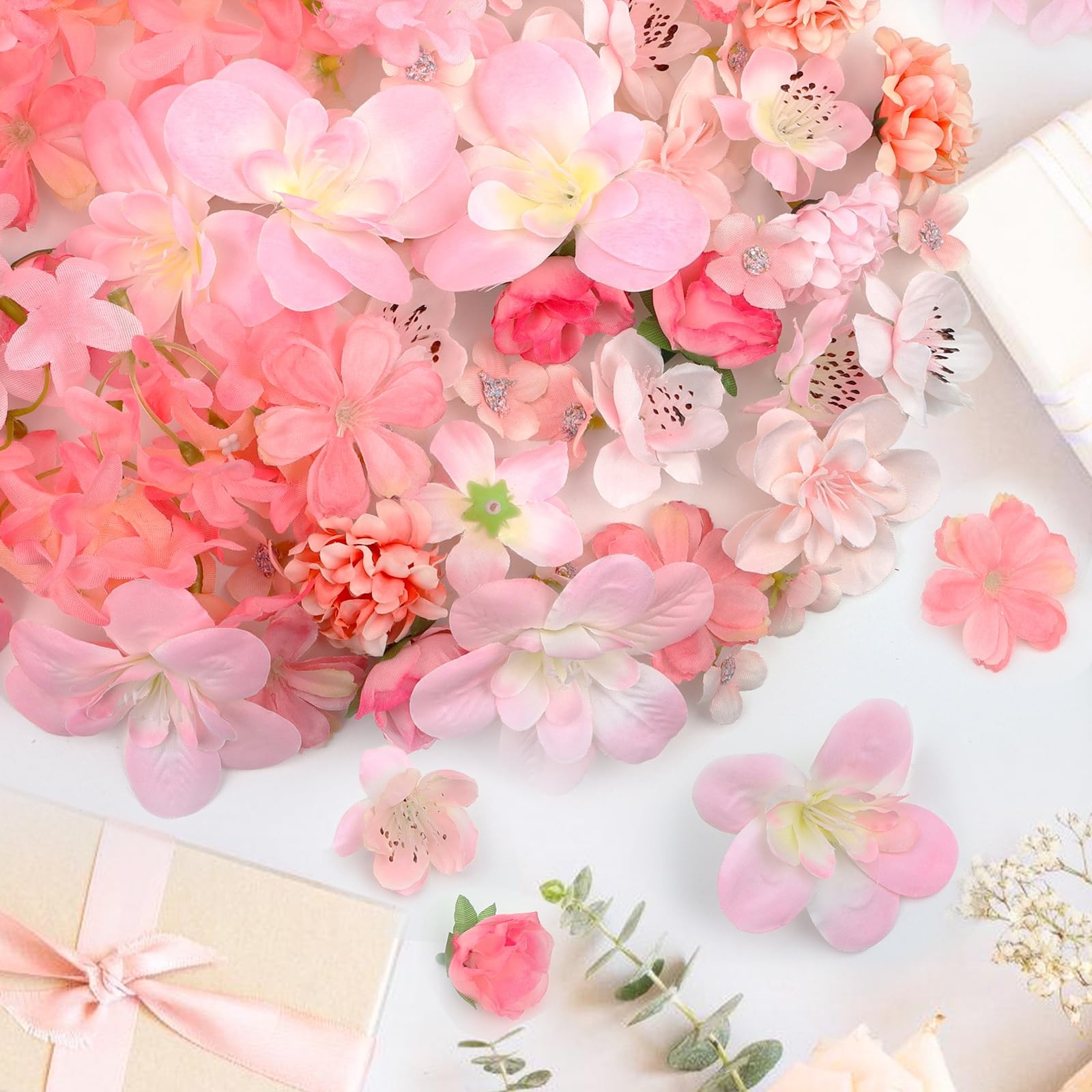 70 PCS Mini Artificial Flower Heads Pink Silk Peony Daisy Rose Craft Bulk