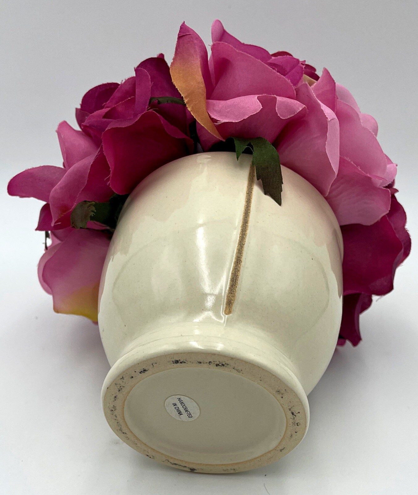 7″ Small Artificial PINK BOUQUET Faux Silk Open Roses w/Beige/Tan Ceramic Vase