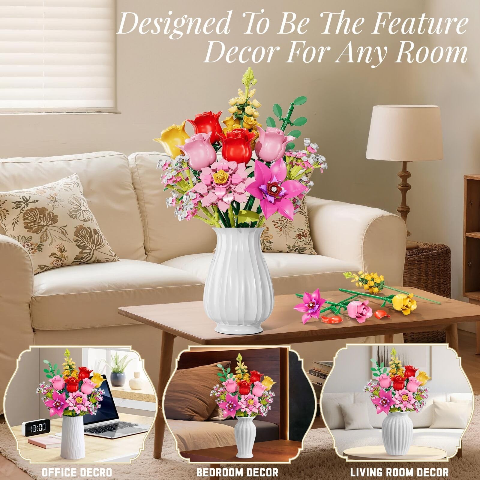 Pink Roses Building Set – 765 PCS Botanical Block Toy for Home Decor & Gifts