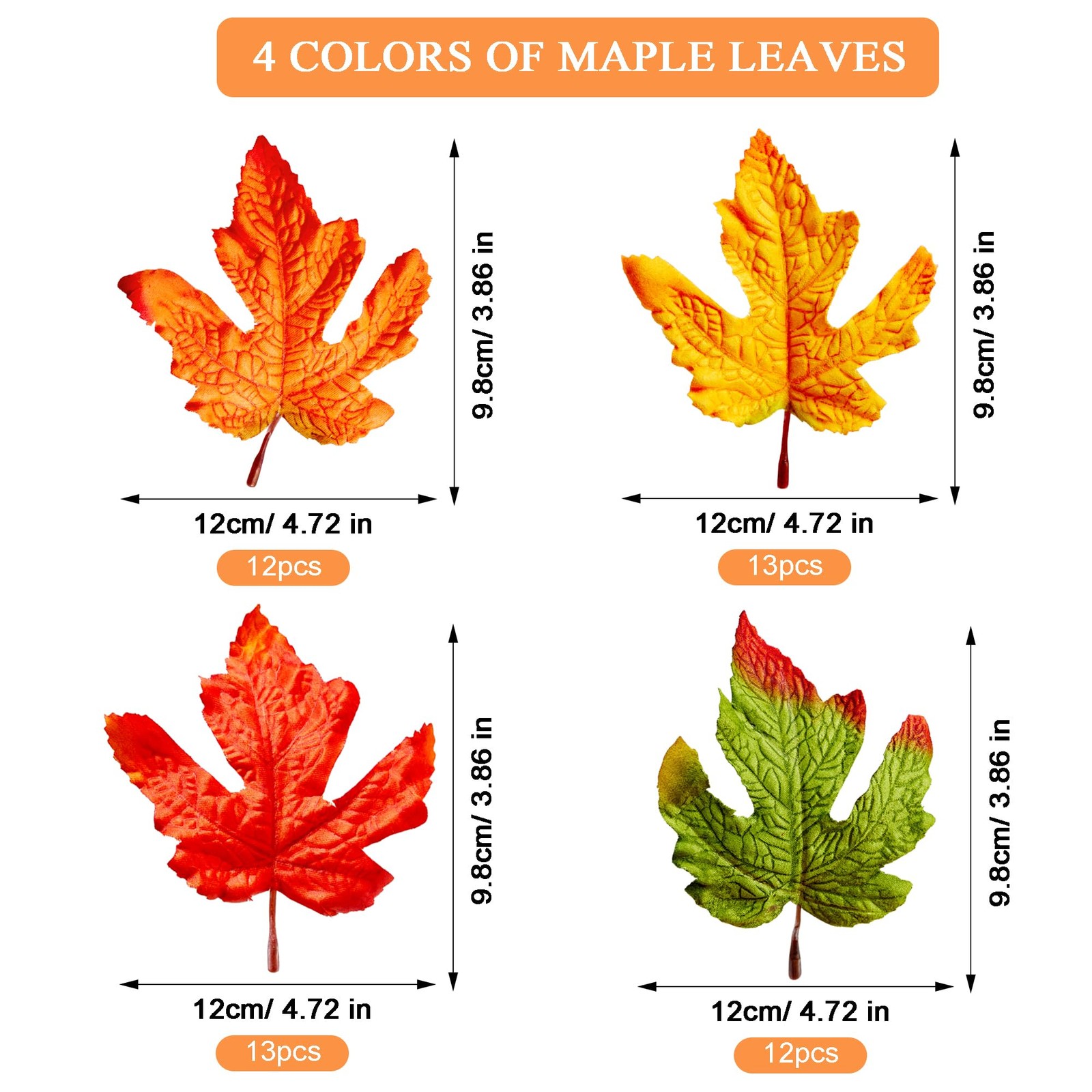 50 Pcs 4 Colors Fake Fall Leaf 9.8cm 3.1 In Artificial Autumn Maple Leaves